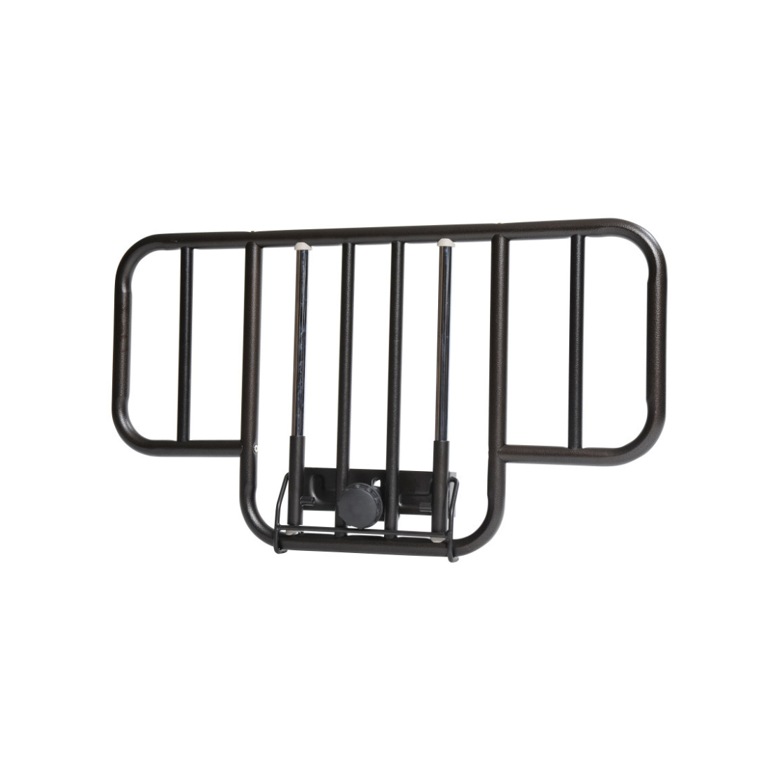 Drive Half Length Bed Rails feature horizontal and vertical bars, a central adjustment knob, two vertical support rods, and an anti-entrapment design for enhanced safety and support.