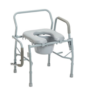 The Drive Drop Arm Steel Commode with Padded Seat is a grey portable chair with armrests and a removable bucket for those with limited mobility. It can also be used as a raised toilet seat or safety frame for extra support.