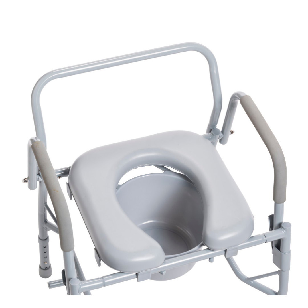 The Drive Drop Arm Steel Commode with Padded Seat is a gray portable bedside chair featuring padded armrests, a removable seat, and an under-seat bucket to assist those with limited mobility.