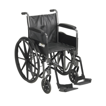 The Drive Medical Silver Sport 2 Wheelchair features large rear wheels, small front wheels, footrests, armrests, and a black seat and backrest. The brand name "drive" appears on the side of this manual wheelchair.