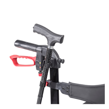 Close-up of the Cane Holder for Drive Nitro Sprint Rollators, featuring a red brake lever, ergonomic handle, and a black-and-white patterned cane holder attachment against a white background.