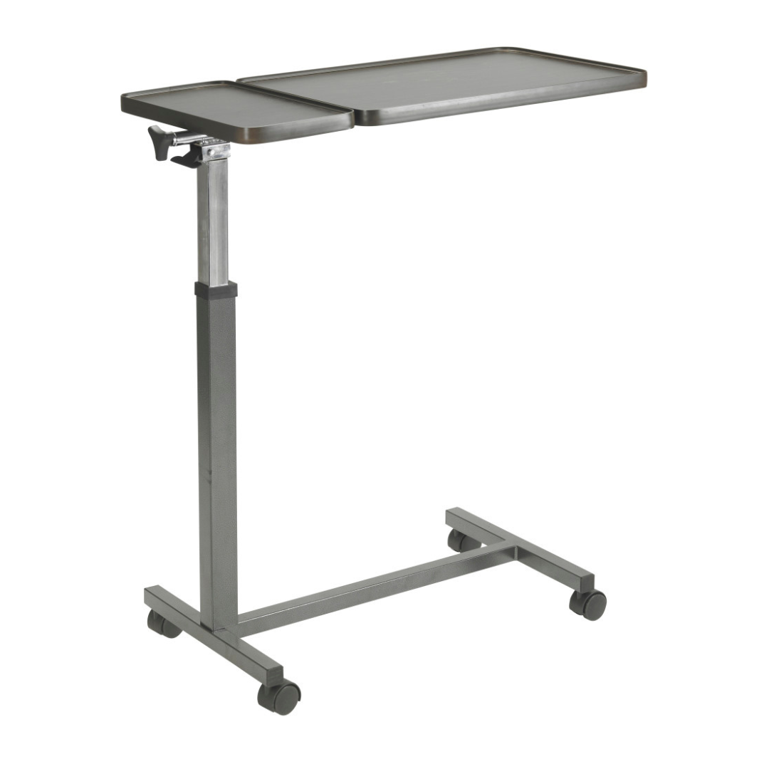 The Drive Overbed Table with Double Top & Tilt features a split, tilting tabletop, sturdy metal frame, four caster wheels, and a convenient height adjustment lever.