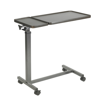The Drive Overbed Table with Double Top & Tilt features two dark rectangular surfaces, a sturdy metal frame, and four caster wheels. The smaller top tilts and locks easily for convenience.