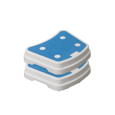 The Drive Portable Bath Step is a white and blue, stackable plastic step with a curved design and four circular anti-slip pads on top to enhance bathtub safety.
