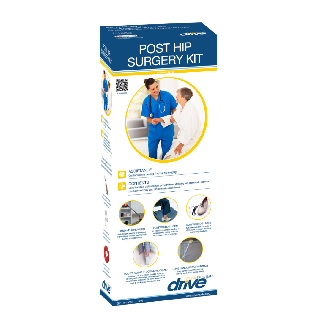 The Drive Post-Surgery Hip Kit comes in a tall rectangular box with photos of included daily living aids, such as a reacher and sock aid, plus images of a doctor with a patient to support hip replacement recovery.
