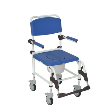 The Drive Medical 3-in-1 Rolling Shower Chair Commode features a blue and white design, armrests, a padded seat with opening, removable bucket, footrests, and four caster wheels—perfect as a bedside commode or over-the-toilet chair.