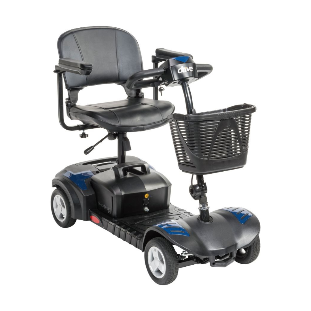 The Drive Scout LT 4-Wheel Scooter in black and blue offers a padded seat, armrests, front basket, and user-friendly handlebar controls for comfort and convenience.