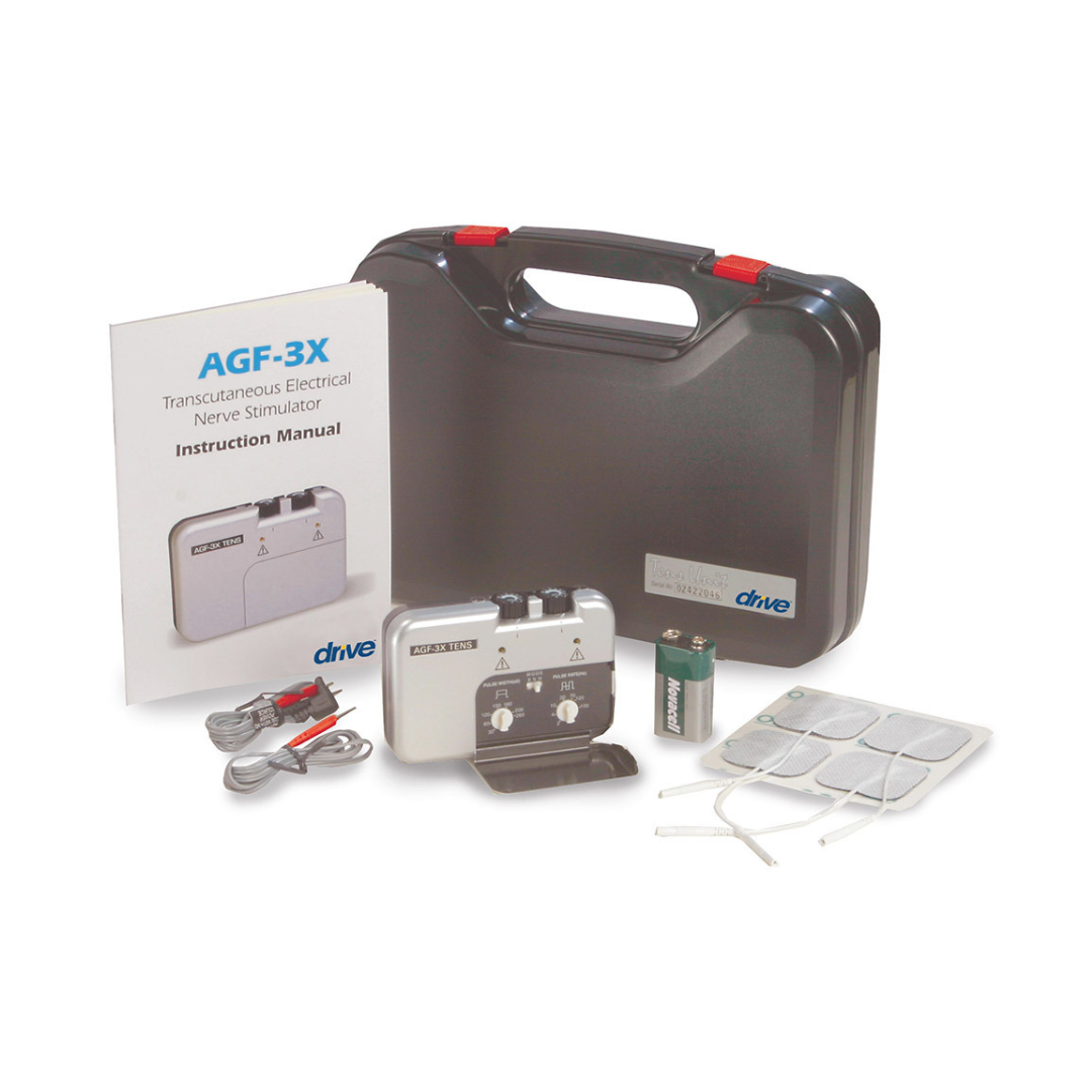The Drive Deluxe Dual Channel TENS kit offers pain relief with a control device, battery, electrode pads with wires, clips, black carrying case, and instruction manual—perfect for muscle therapy at home or while traveling.