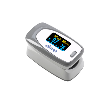 The Drive View SpO₂ Deluxe Pulse Oximeter, in gray and white, accurately displays oxygen saturation (SpO₂) and pulse rate on a digital screen for reliable monitoring.