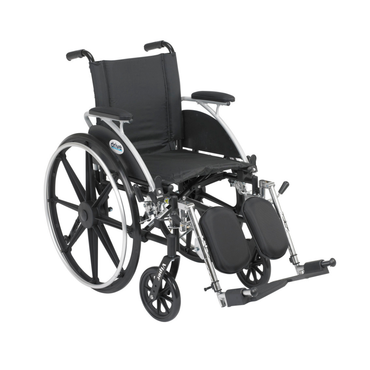 The Drive Viper Jr. Wheelchair with Detachable Desk-Length Arms features a black and silver frame, large rear wheels, smaller front wheels, padded armrests, elevated leg rests, and a black fabric seat and backrest.