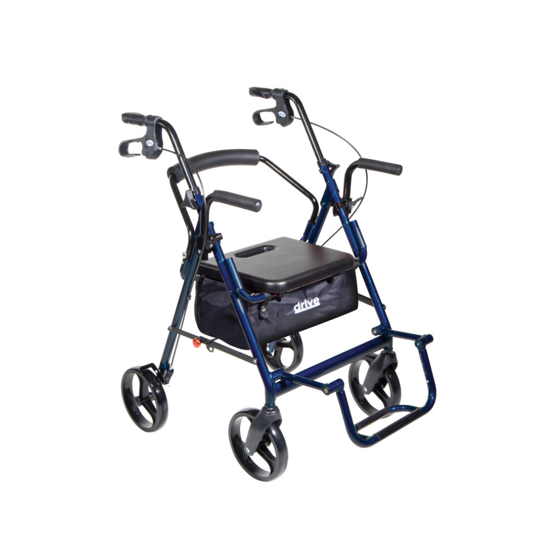 The Drive Hybrid Duet Rollator/Transport Chair is a blue 2-in-1 mobility aid with four wheels, hand brakes, a padded seat, under-seat storage pouch, flip-up armrests, and footrest—offering versatile support as both rollator and transport chair.