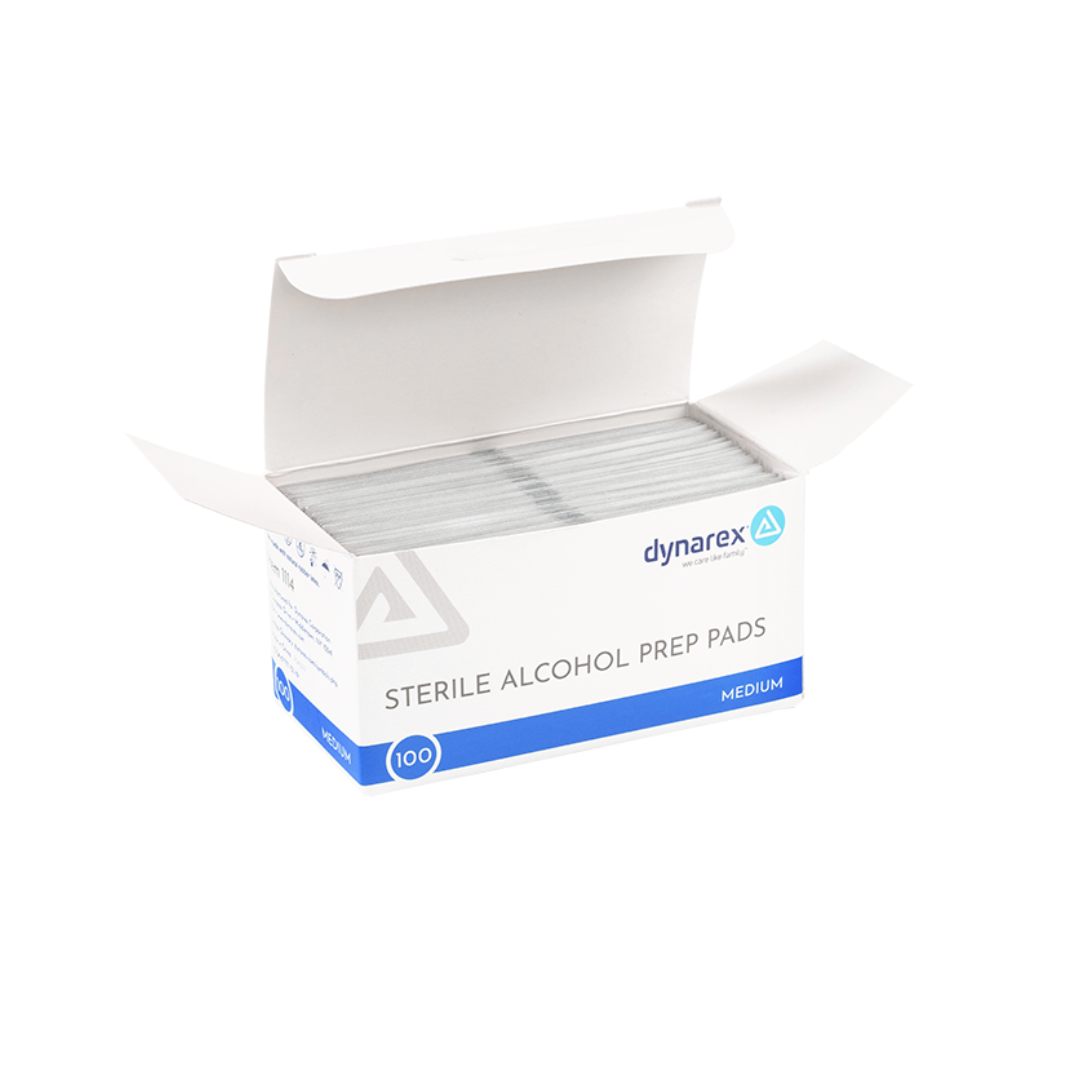 An open box of Dynarex Alcohol Prep Pads - Sterile shows individually wrapped pads inside. The white box with blue accents is labeled “Medium” and “100.” See the spec table for full product details.