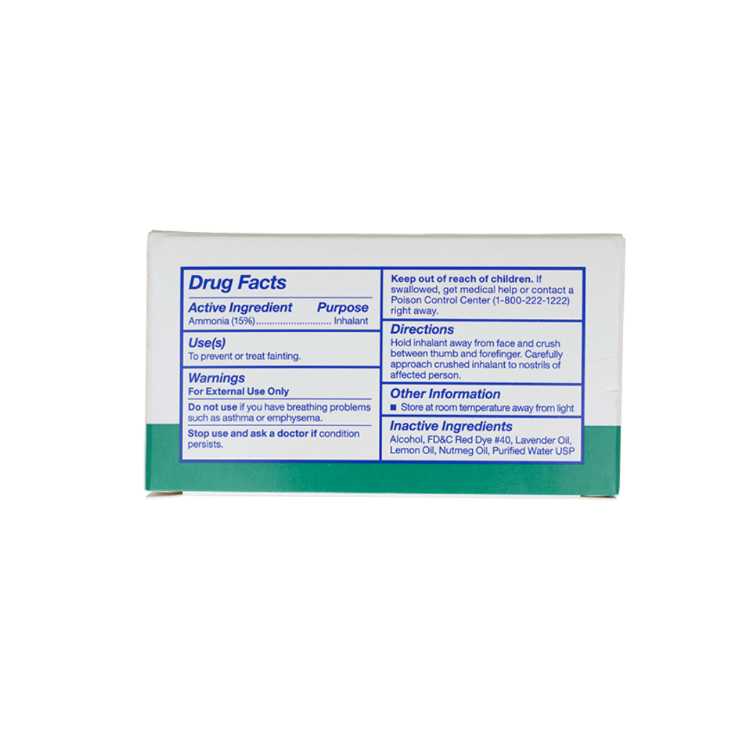 A white box displays drug facts for Dynarex Ammonia Inhalants - Ampules, listing ammonia (15%) as the active ingredient. The label covers usage, warnings, directions, inactive ingredients, and safety info for each ampule.