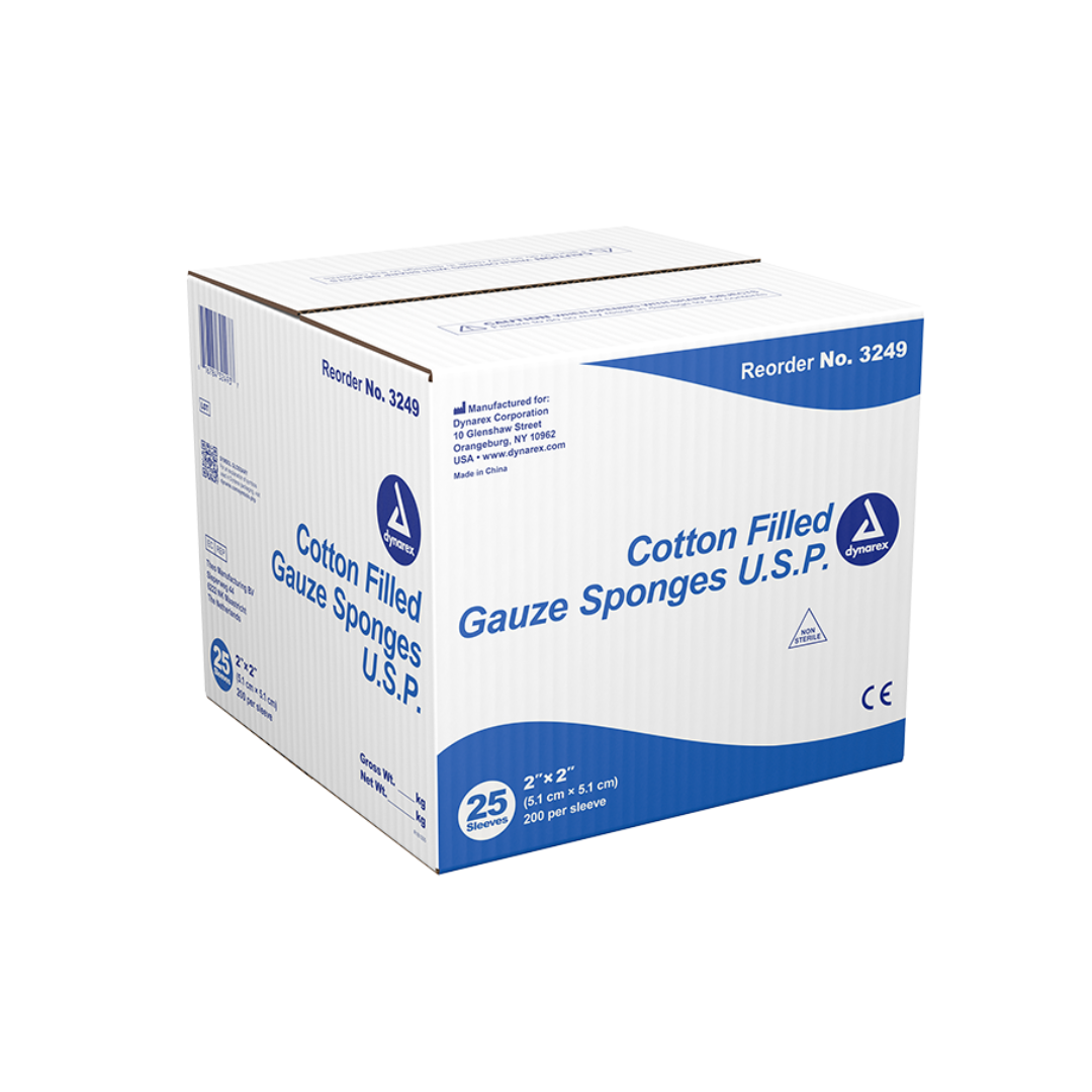 A white and blue box labeled Dynarex Cotton Filled Gauze Sponge U.S.P. contains 25 packs of 200 premium sponges (reorder #3249) and displays manufacturer and certification details.