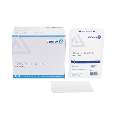 A box of Dynarex Disposable Surgical Towel Drapes (50 count), a single packaged drape, and an unfolded drape are displayed on a white background.