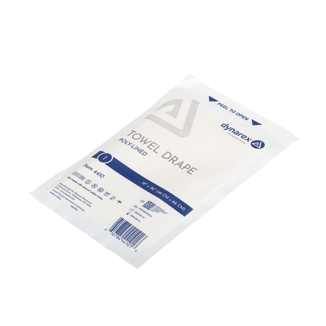 A packaged Dynarex Disposable Surgical Towel Drape, item #4410 (18 x 26), features blue and white labeling with peel-to-open instructions on a white background—ideal for disposable use in medical settings.