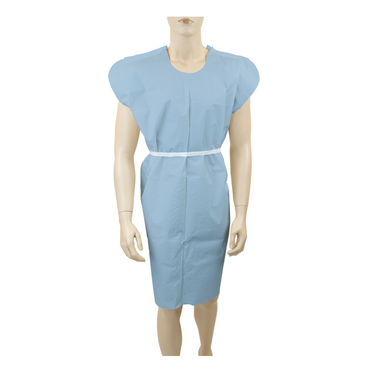 A mannequin displays a Dynarex Exam Gown – a light blue, disposable patient gown with short sleeves and white waist tie, set against a white background. Perfect for clinics, these gowns offer comfort and convenience in medical environments.