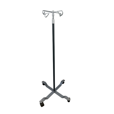 The Dynarex IV Poles - Rolling Stand features four hooks and a cross-shaped wheeled base, providing secure support for IV fluid bags in hospitals or medical settings.