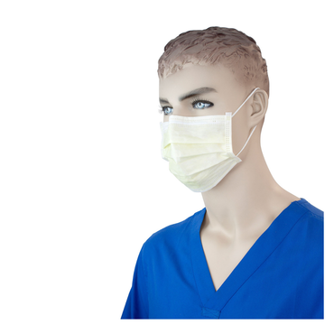 A mannequin wears a blue scrub top and a Dynarex Procedure Face Mask with ear loops, shown from the shoulders up against a white background.