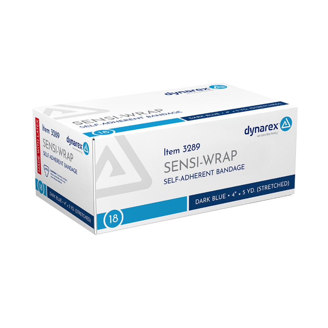 A box of Dynarex Sensi Wrap Self-Adherent Latex Bandages, item 3289, dark blue, contains 18 rolls (4"x5 yds stretched). The white and blue packaging displays product details clearly.