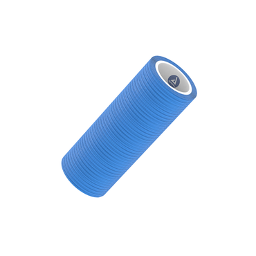 A roll of Dynarex Sensi Wrap Self-Adherent Latex Bandages in blue is shown at an angle on a white background, with a textured surface and a visible grey circular logo on one end of the white inner core.