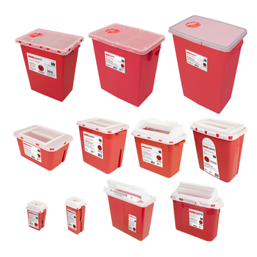Twelve Dynarex Sharps Containers, each with a white or clear lid and biohazard label, are shown in different sizes and shapes. These medical waste containers provide safe needle disposal.
