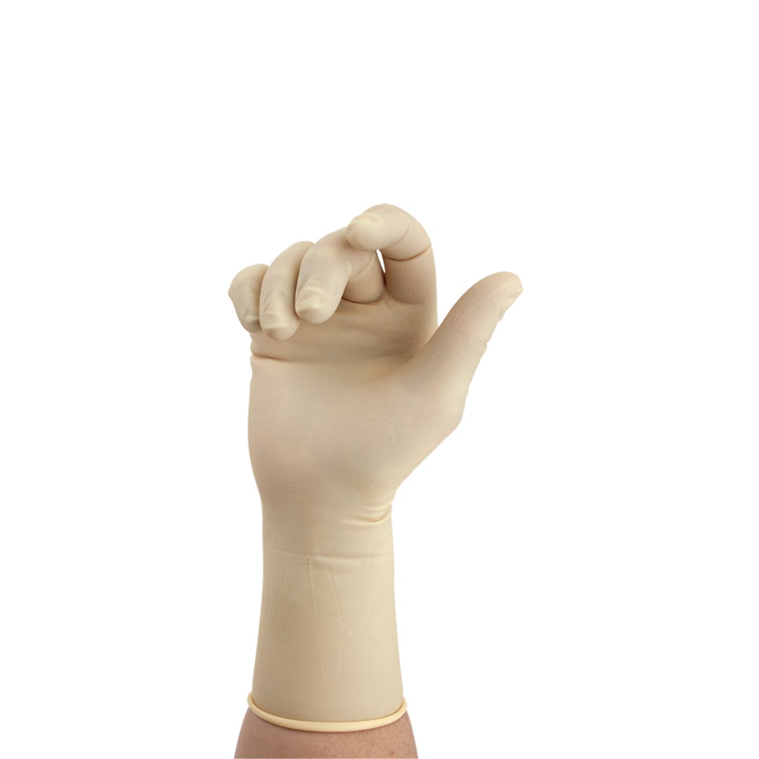 A hand wearing a Dynarex Sterile Latex Surgical Glove is shown against a white background, with the fingers partially curled inward as if gesturing or preparing to grasp an object.