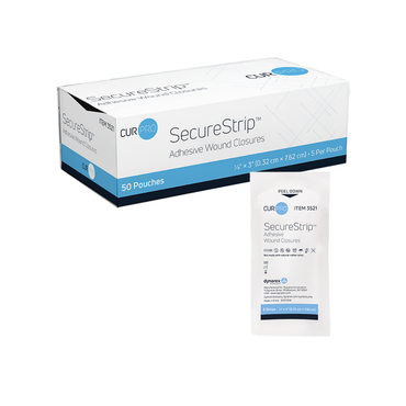 A box of Dynarex Wound Closure Strips - Sterile with 50 pouches is shown beside a single pouch. The white and blue packaging highlights sterile adhesive strips for reliable wound support.