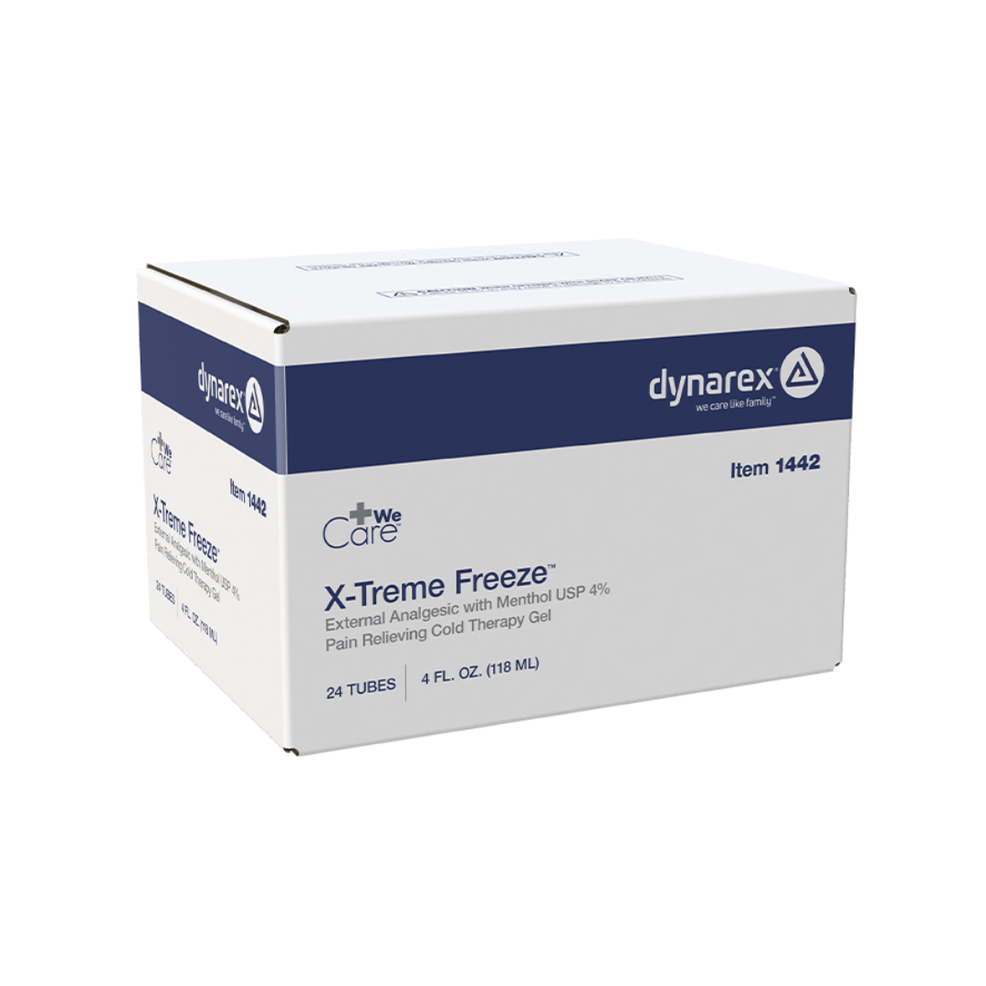 A white box labeled Dynarex X-Treme Freeze Pain Relieving Cold Gel, containing 24 tubes of fast-acting cooling gel. The packaging displays product details and branding in blue and gray text.