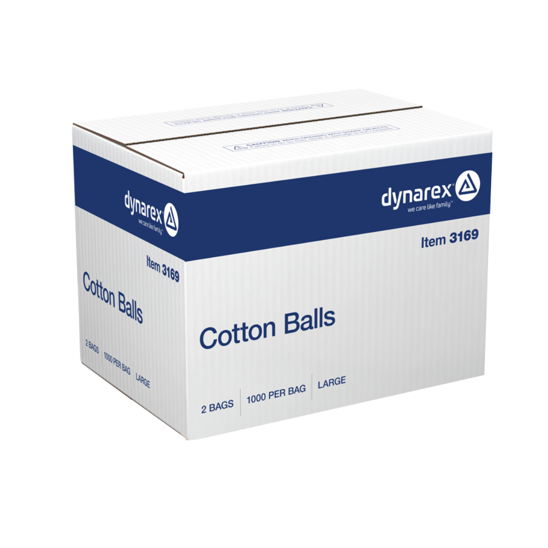 A white and blue Dynarex box labeled "Dynarex Cotton Balls" holds 2 bags of large, 100% cotton balls (1000 per bag). The absorbent puffs are neatly packed, with the product name and item #3169 shown alongside the Dynarex logo.