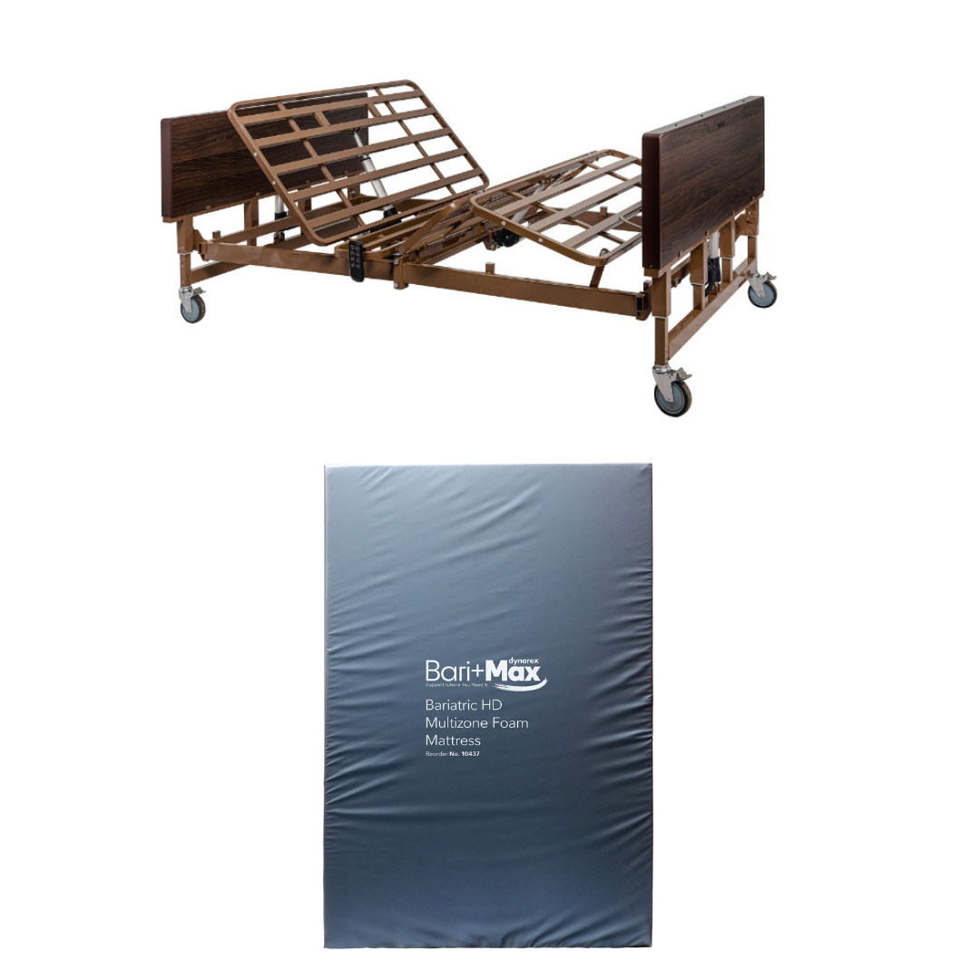 A Dynarex Bari+Max Bariatric HD Full-Electric Bed with wooden headboard and footboard on wheels is placed above a dark-colored bariatric HD multizone foam mattress, which is still in its plastic wrapping.