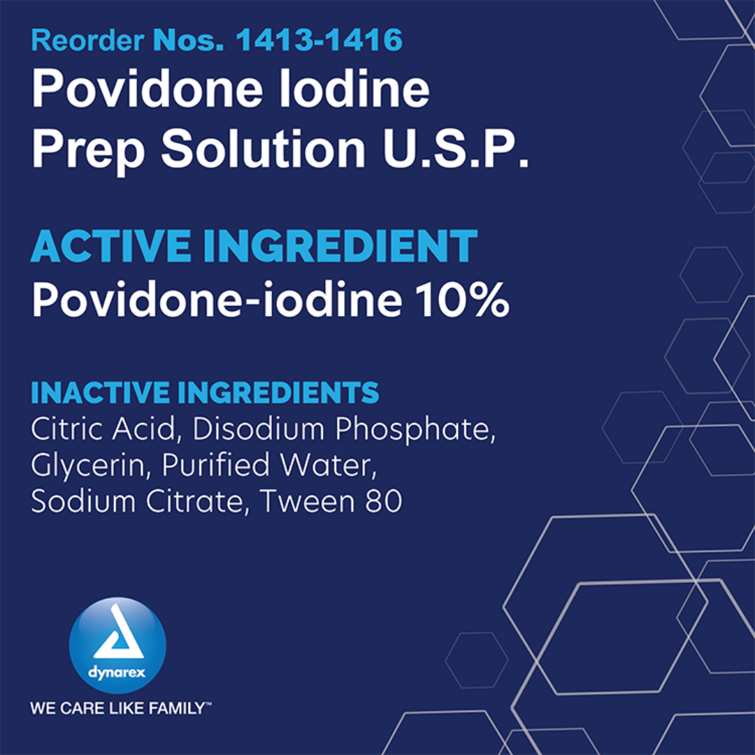 Label for Dynarex Povidone Iodine Prep Solutions, highlighting 10% povidone-iodine for skin cleansing. Blue background with hexagon designs and the Dynarex logo at the bottom. Inactive ingredients are also included.