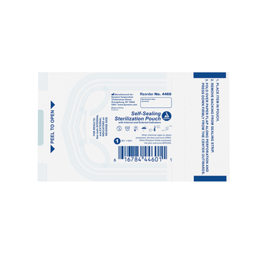 The Dynarex Sterilization Pouches | Self-Sealing Instrument Pouches feature blue instructional text, a barcode, reorder number 4460, "PEEL TO OPEN" on the left, transparent sections, and clear usage instructions on a white pouch.