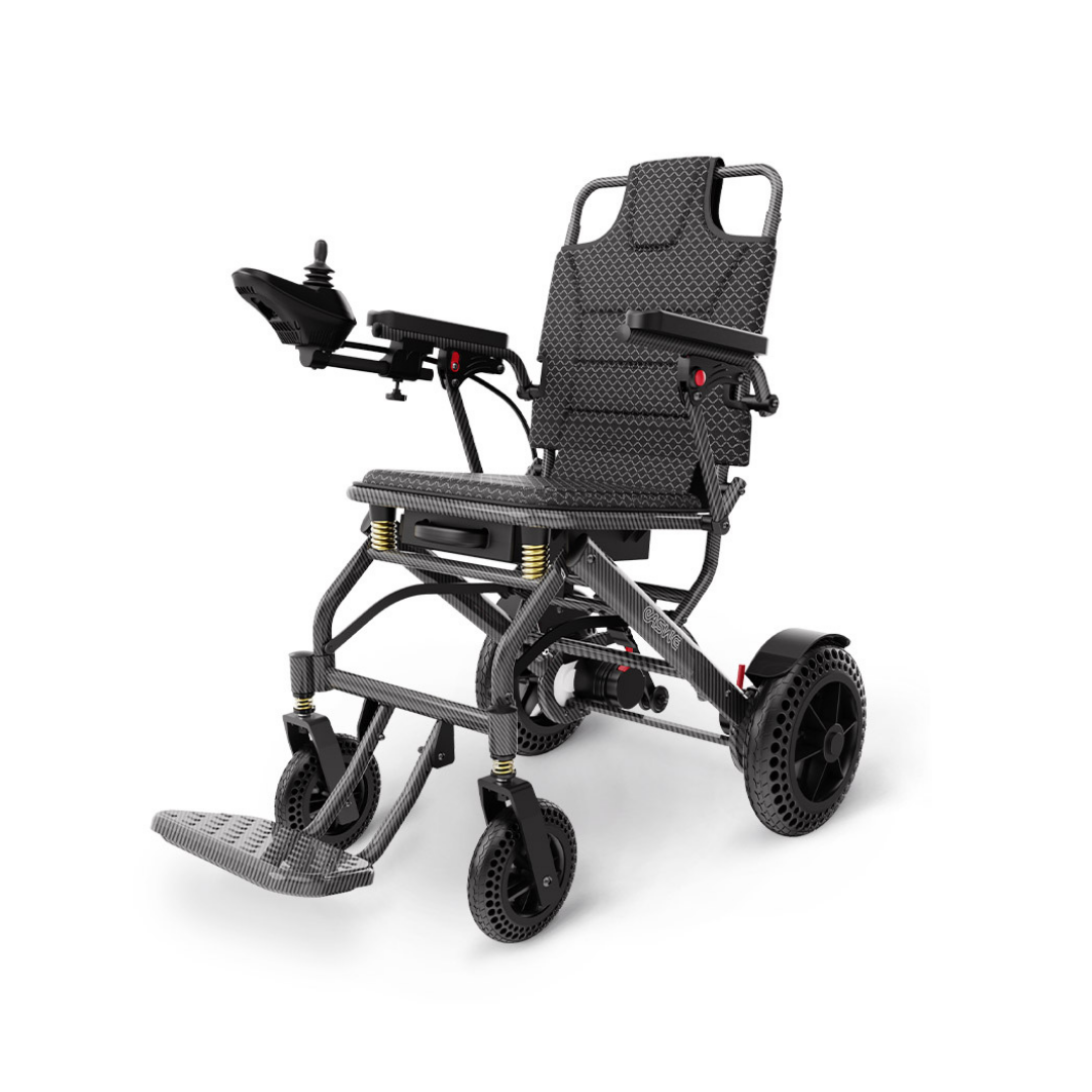 The EASWE B10 Portable Folding Powerchair—airline approved—features dual motors, textured black seating, right-arm joystick control, large rear wheels, small front wheels, and a footrest, all shown against a white background.