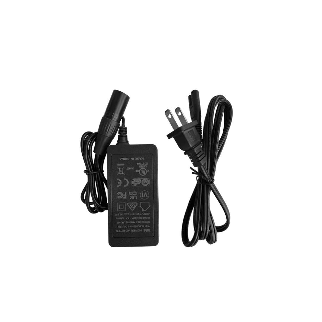 Black power adapter with attached cable and separate two-prong power cord, both placed on a white background. The EASWE Electric Wheelchair Charger features multiple certification symbols, providing reliable and safe charging for compatible electric wheelchairs.