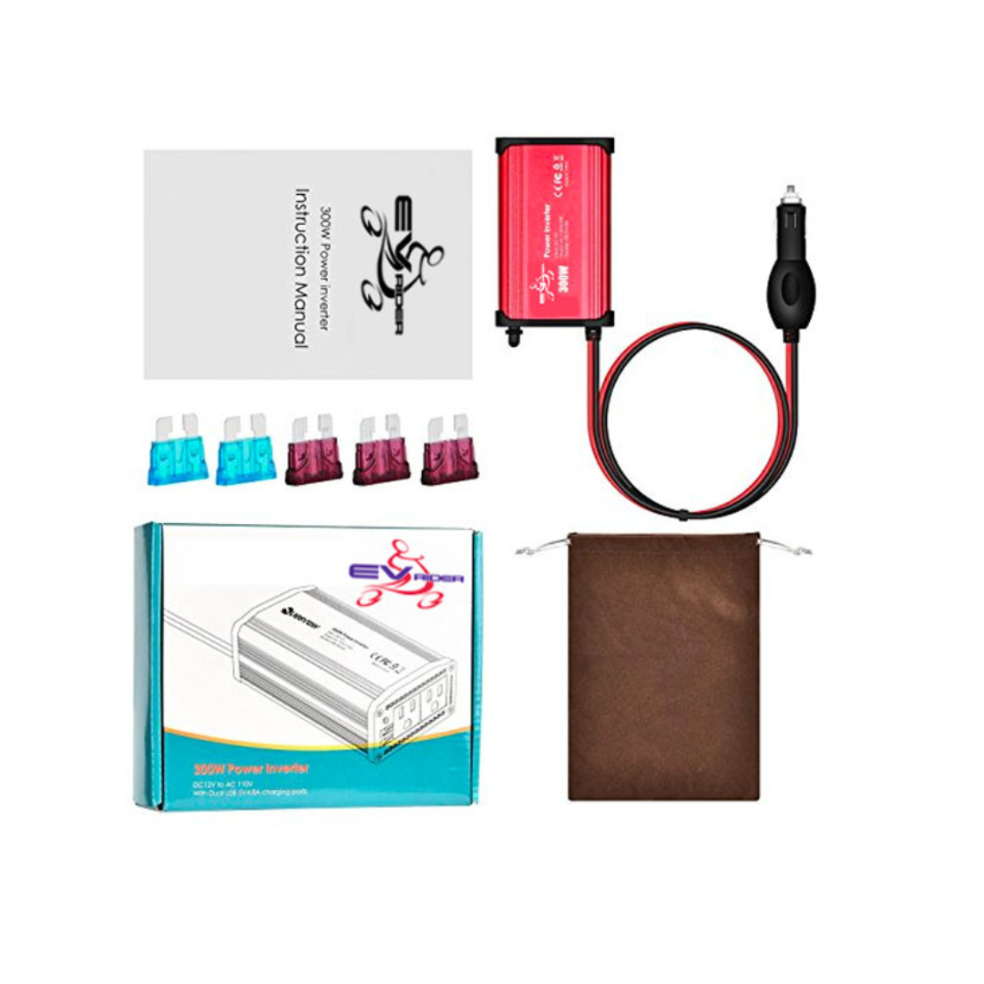 The EV Rider Car Charger Adapter For Scooters includes a red 300-watt inverter, instruction manual, car adapter cable, five fuses, product box, and a brown carrying pouch—perfect as a mobility scooter charger.