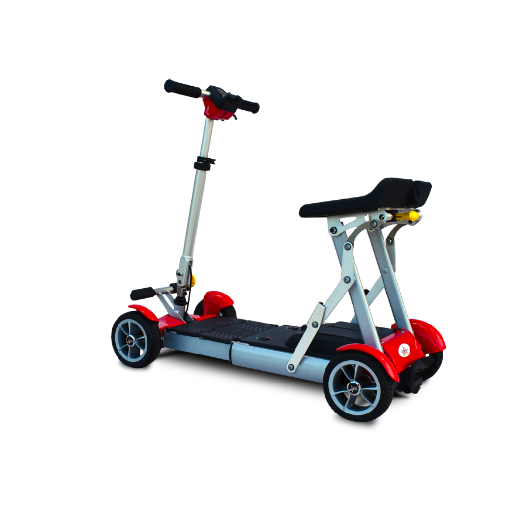 The EV Rider Gypsy Ultra Compact Airline Approved Scooter is a foldable three-wheel mobility scooter with a red and silver frame, black footboard, handlebars, and seat, shown on a white background.