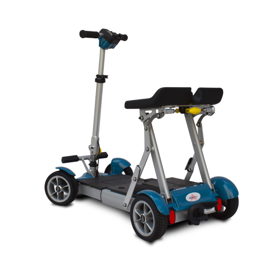The EV Rider Gypsy Ultra Compact Airline Approved Scooter is a blue and silver four-wheel folding mobility scooter with handlebars and a black seat, designed for easy transport and accessibility.