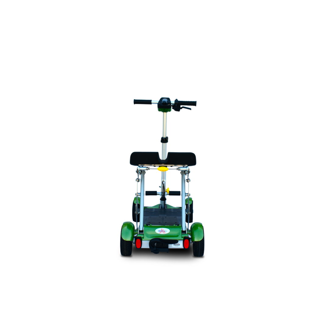 The EV Rider Gypsy Ultra Compact Airline Approved Scooter, shown from the rear against a white background, features a green foldable design with handlebars, seat, and four wheels.