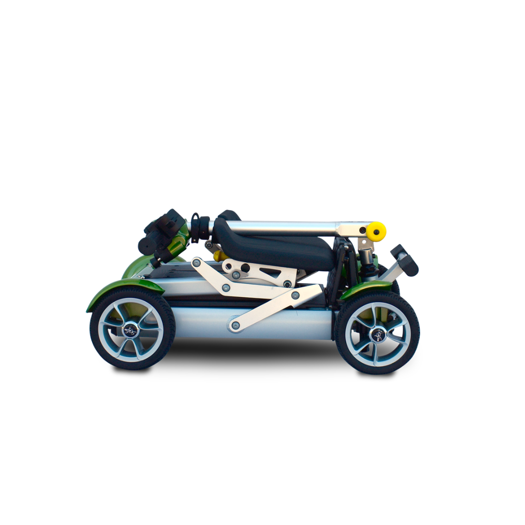 The EV Rider Gypsy Ultra Compact Airline Approved Scooter features a black seat, silver frame, and green accents, displayed fully folded against a white background.
