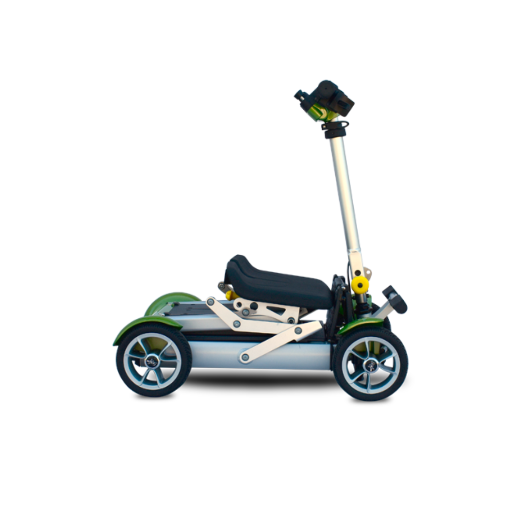 The EV Rider Gypsy Ultra Compact Airline Approved Scooter, a modern four-wheel travel scooter with a padded seat and handlebar, is shown in side view on a white background.
