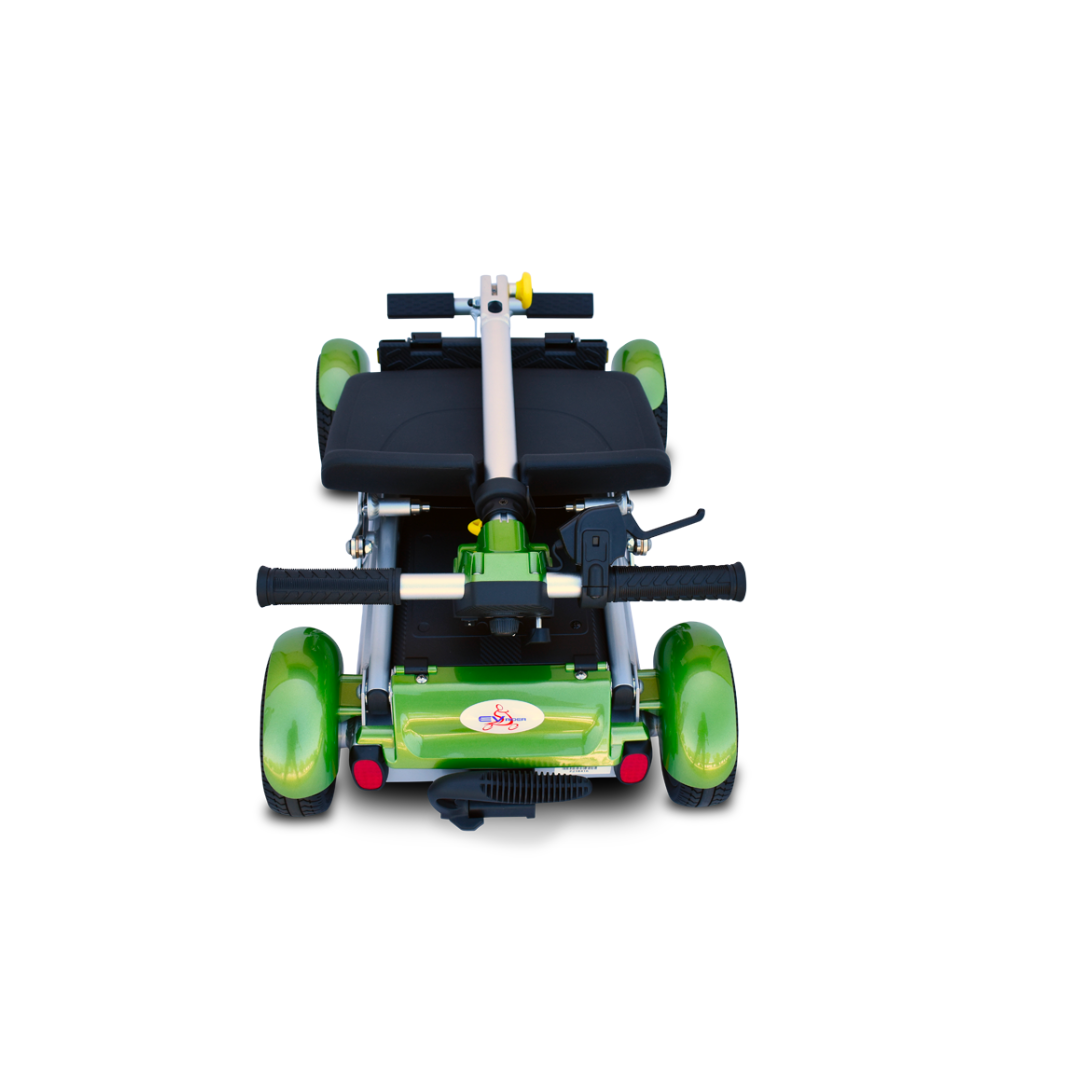The EV Rider Gypsy Ultra Compact Airline Approved Scooter is shown folded from the back, displaying its green frame, handlebars, rear wheels, and black seat against a white background.