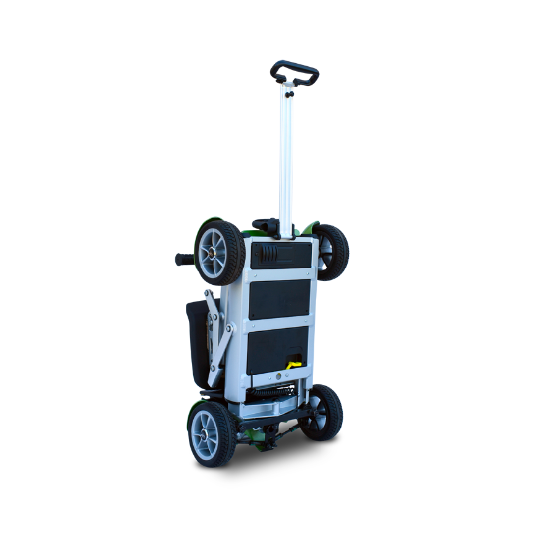 The EV Rider Gypsy Ultra Compact Airline Approved Scooter is a lightweight, foldable mobility scooter that stands upright on its wheels with an extended handle for easy transport, shown against a plain white background.