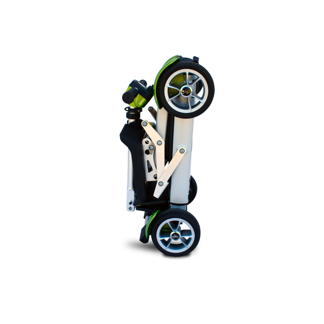 The EV Rider Gypsy Ultra Compact Airline Approved Scooter features a black and silver frame, four wheels, and a folding design—ideal for convenient travel.