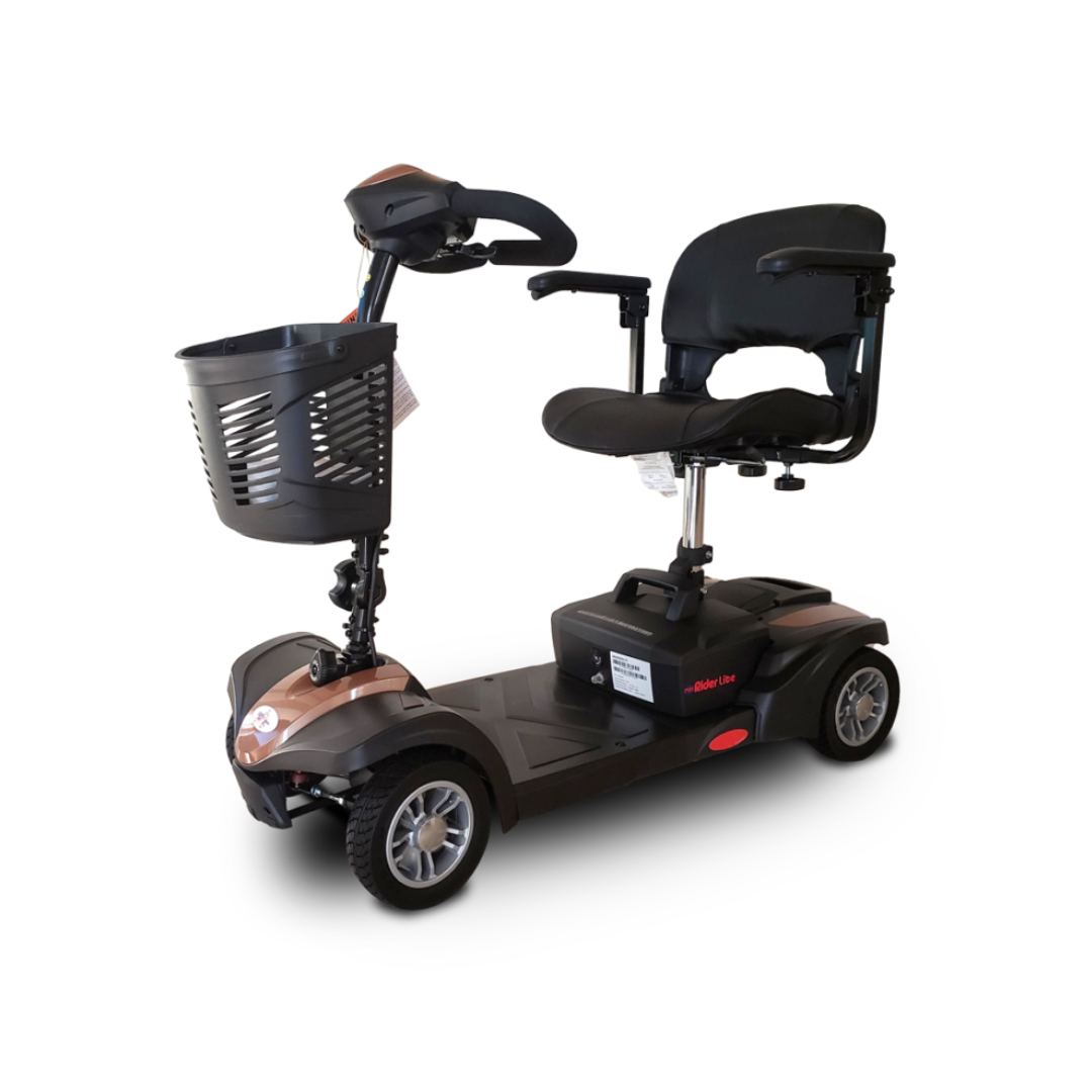 The EV Rider MiniRider Lite Portable Mobility Scooter, featuring four wheels, a black seat with armrests, front basket, and bronze body, is displayed on a white background. See the user manual for full specifications and warranty details.