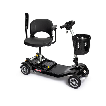 The EV Rider Nomad Portable Mobility Scooter is a black four-wheeled scooter with a padded seat, armrests, a controlled tiller, and a front basket, designed for comfortable personal transportation.