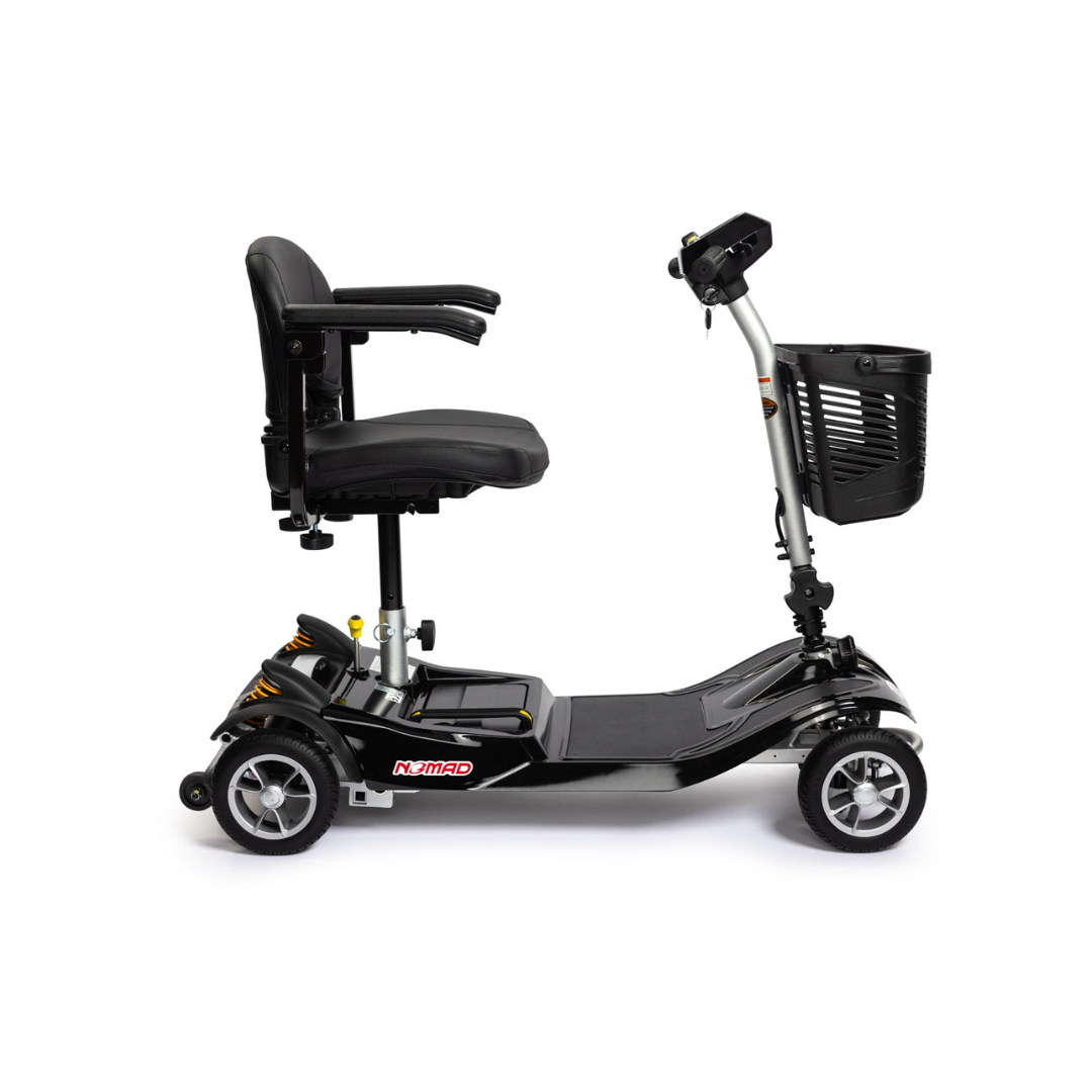 The EV Rider Nomad Portable Mobility Scooter, shown from the side on a white background, features a black lightweight design with a padded seat, armrests, four wheels, and a front basket.