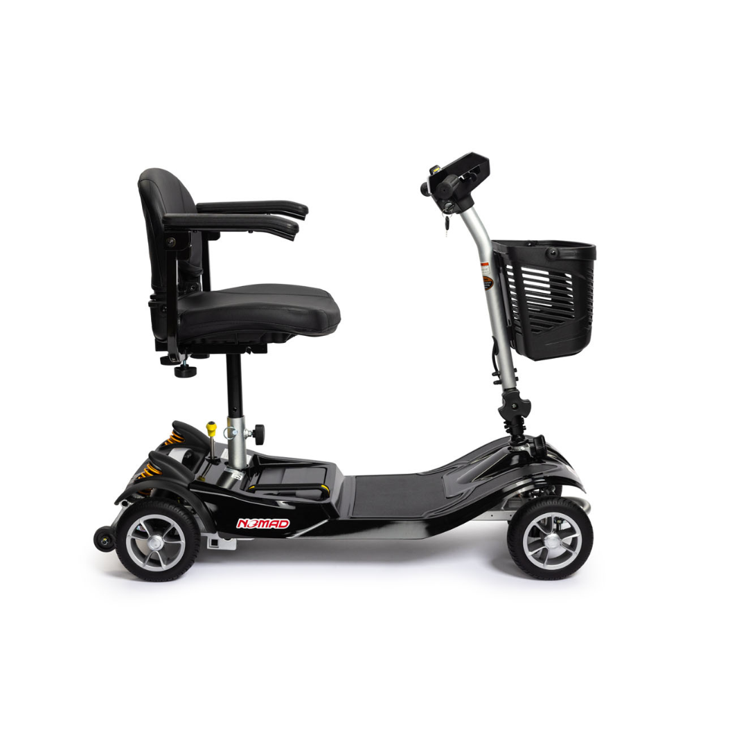 The EV Rider Nomad Portable Mobility Scooter is a black, four-wheeled travel scooter with a padded seat, armrests, backrest, and front basket, shown from the side on a white background.