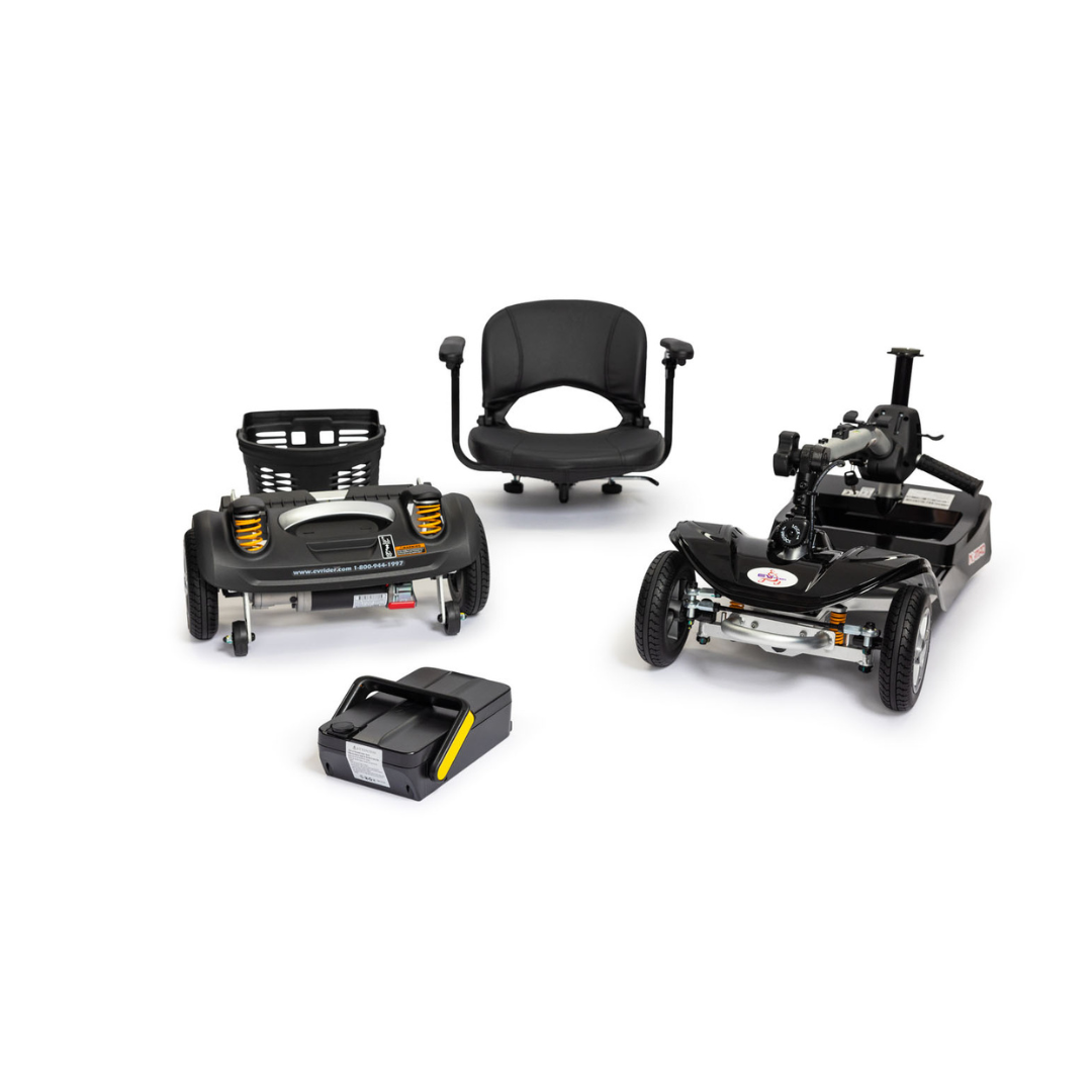 Four parts of the disassembled EV Rider Nomad Portable Mobility Scooter—the seat, rear section with wheels, front steering section, and battery pack—are arranged on a white background.