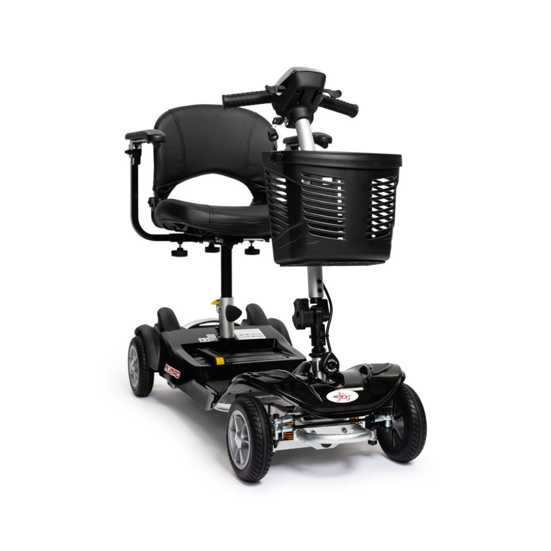 The EV Rider Nomad Portable Mobility Scooter is a black, lightweight model featuring a padded seat, armrests, front basket, and handlebars, designed for personal transportation and accessibility.